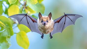 A bat in flight with open wings. Concept of nocturnal wildlife. photo