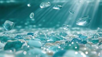 Underwater serenity, Sunlight streams through water onto colorful pebbles photo