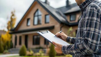 Building Inspector or Real Estate Agent with Clipboard in Front of New Home. Concept of home inspection, real estate, property appraisal, and construction. photo
