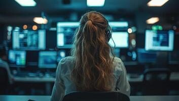 Woman working in a system control center. Concept of data analysis, cybersecurity, and monitoring. photo