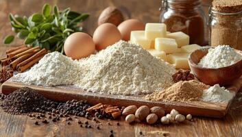 Baking ingredients, flour, eggs, butter, spices. Concept of bakery, cooking, pastry, recipe photo