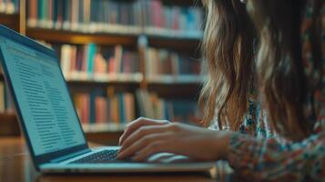 Student researching using laptop in library. Concept of learning, education, knowledge, and technology photo