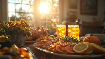 Thanksgiving Dinner Table with Turkey, Pumpkin, and Drinks at Sunset photo