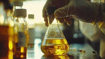 Scientist holding Erlenmeyer flask with yellow liquid. Concept of chemistry, experiment, research, and science photo
