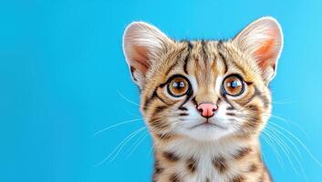 Pallas cat kitten portrait on blue background. Cute wildcat with big eyes. photo