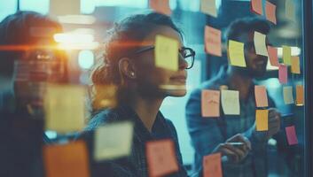 Business team brainstorming and planning with sticky notes on glass wall in office. Concept of teamwork, strategy, innovation, and project management. photo