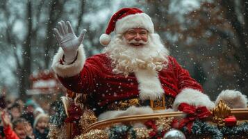 Smiling Santa Claus waving in a sleigh during a snowy Christmas parade. Festive holiday cheer and winter wonderland magic. photo