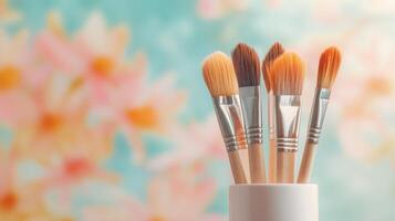 Paintbrushes in a container with a colorful background. photo
