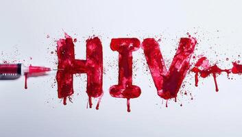 The word HIV written in blood with a syringe, representing the seriousness of the virus and the importance of prevention and treatment. photo