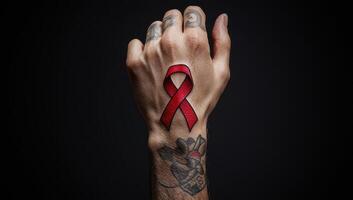 Hand with a red ribbon tattoo, symbolizing HIV and AIDS awareness and support for those affected by the virus. photo