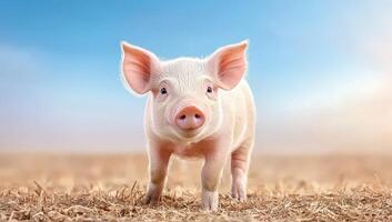 Piglet standing in a field. Concept of livestock, farming, and agriculture. photo