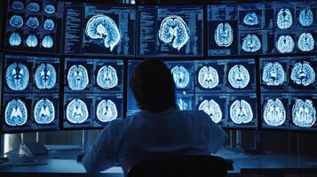 Doctor analyzing brain MRI scans on multiple computer screens in a dark room. Concepts neurology, diagnosis, healthcare, medicine, technology. photo