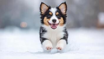 Playful Australian Shepherd puppy running in the snow photo