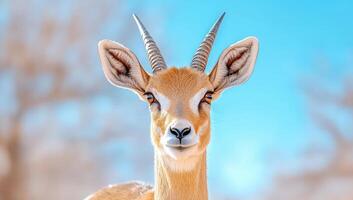 Close up portrait of a gazelle looking at the camera. Wildlife, nature, and conservation concept. photo