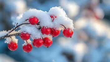 Red berries covered with snow in winter. photo