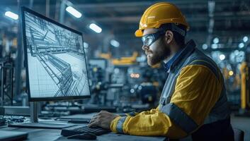 Industrial Engineer Analyzing a 3D Model on a Computer in a Modern Factory. Concept of Industry 4.0, Automation, Engineering, and Manufacturing. photo