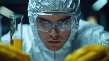 Focused Scientist Working with Chemical Liquid in Laboratory. Concept of Science, Research, and Development photo