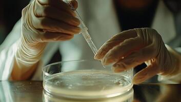 Scientist analyzing a petri dish with a pipette. Concept of microbiology, scientific research, and laboratory work. photo