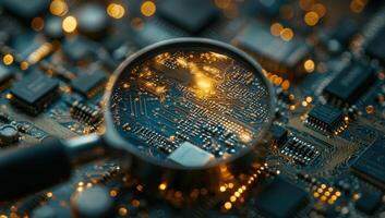 Magnifying glass over a glowing circuit board. Concept of technology, electronics, analysis photo