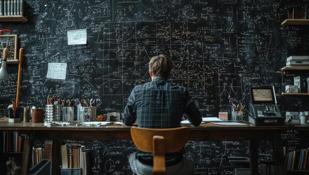 Man researching complex math formulas written on a blackboard. Concept of science, mathematics, physics, research photo