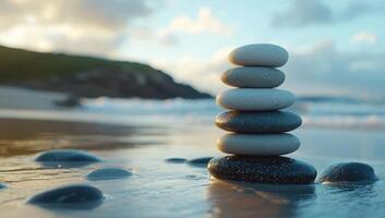 Zen balanced stones on beach at sunset. Concept of balance, harmony, and relaxation. photo
