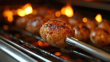 Grilled meatballs on a skewer, cooking over an open flame. Concept of barbecue, summer, grilling. photo