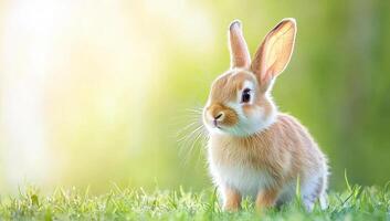 Cute little rabbit sitting in the grass on a sunny day. Concept of spring, Easter, and new life. photo