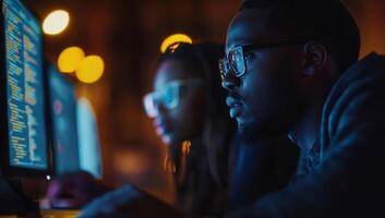 Two people working together on a computer in a dimly lit office environment. Concept of collaboration, teamwork, and technology. photo