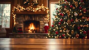Empty wooden table in front of Christmas tree and fireplace. Concept of Holiday background, festive gathering. photo