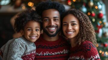 Portrait of happy multiracial family, parents and daughter, posing by the decorated Christmas tree at home, looking at camera and smiling. Joyful holiday moments concept. photo