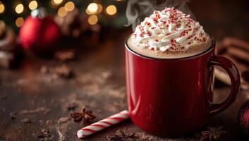Steaming Mug of Peppermint Hot Chocolate with Christmas Lights. Concept of Holiday Cheer photo