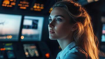 Close up portrait of young female air traffic controller working in control room, Concept of aviation, technology, navigation, and profession photo