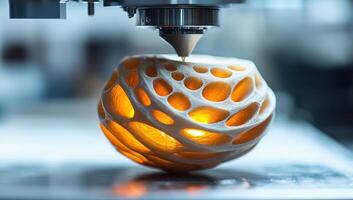 3D printer creating intricate object with innovative technology. Concept of additive manufacturing, rapid prototyping, and engineering. photo