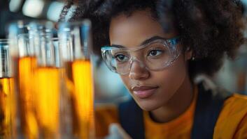 Scientist examining test tubes in a lab. Concept of science, research, and discovery. photo