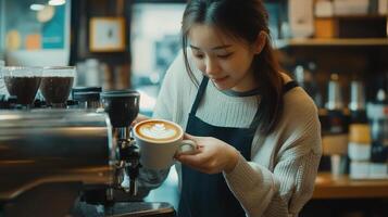 Barista creating latte art in a cozy cafe. Concept of coffee shop, small business, and barista skills. photo