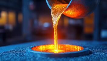 Pouring Liquid Metal, A Foundry in Action. Concept of Industry and Manufacturing photo