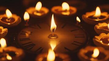 Burning candle on clock face surrounded by oil lamps. Concepts of countdown, time, deadline, memory. photo