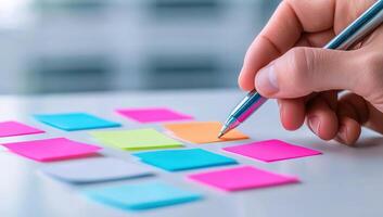 Hand writing on sticky notes. Concept of brainstorming, planning, and organizing. photo