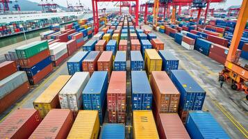 Logistics, container Cargo ship transportation with working crane bridge in deep sea port for import export. photo