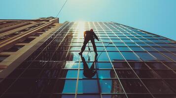 Worker cleaning windows service on high rise building. photo