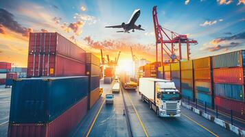 Logistics, container Cargo ship transportation with working crane bridge in deep sea port for import export. photo