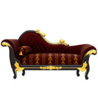 A red couch with gold trim and ornate pillows png