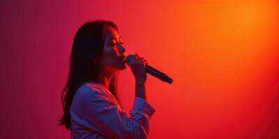 Silhouetted Asian Woman Singing into Microphone under Colorful Lights photo