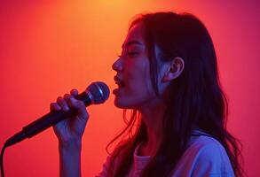 Silhouetted Asian Woman Singing into Microphone under Colorful Lights photo