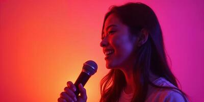 Female singer holding a microphone, singing under colorful red and orange lighting. photo