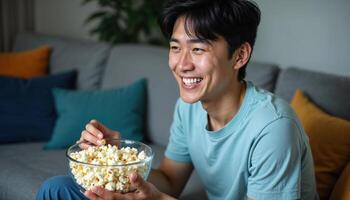 Young asian man enjoying a movie while eating popcorn at home. photo