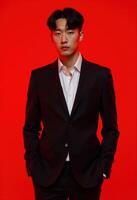 Young korean man in formal suit standing against red background. photo
