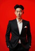 Young korean man in formal suit standing against red background. photo