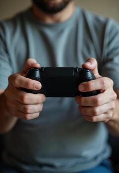 Hands holding a black game controller, close-up during a gaming session. photo