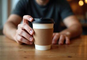 Man holding a takeaway coffee cup in a relaxed setting photo
